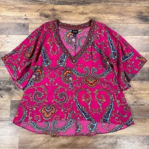 Nicole Miller Shirt Womens Small Pink Paisley Short Sleeve Tunic Gypsie Boho Top